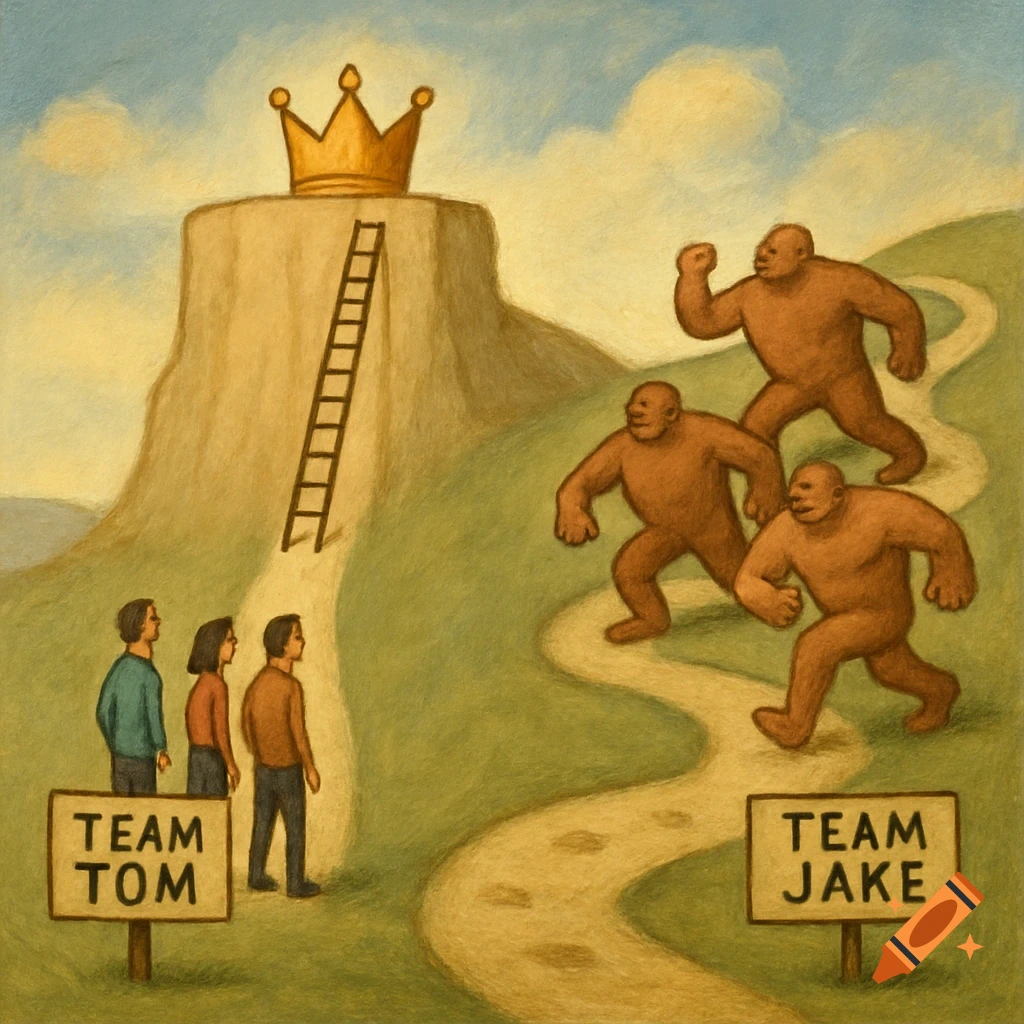 Two teams on paths leading to a crown: Team Tom on a short path, Team Jake on a long path.