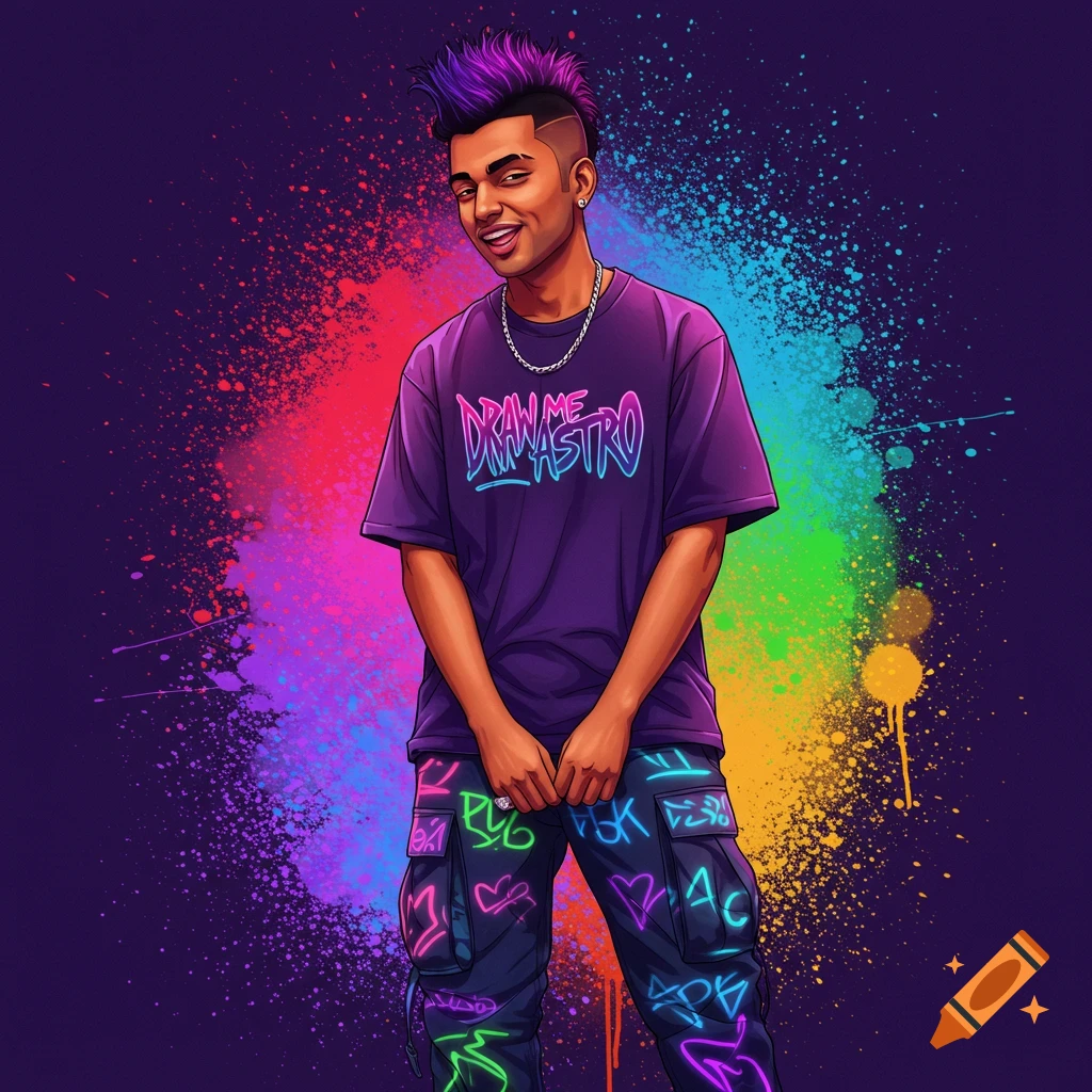 A person with purple hair and graffiti-style clothes stands in front of colorful paint splatters.