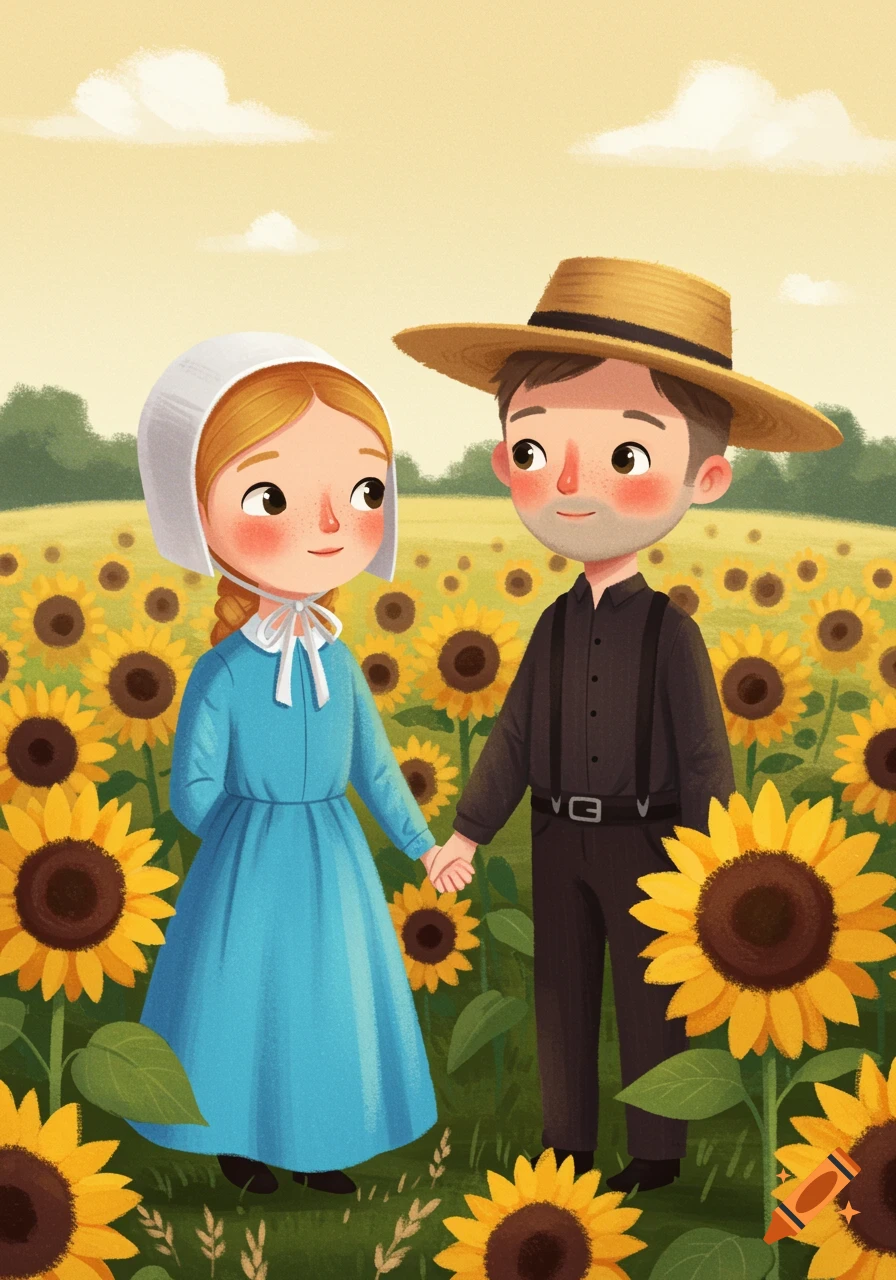 Illustration of a stylized Amish couple holding hands in a field of sunflowers.