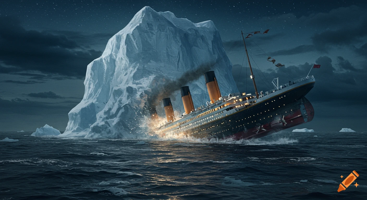 The Titanic ship is shown colliding with a large iceberg at night.