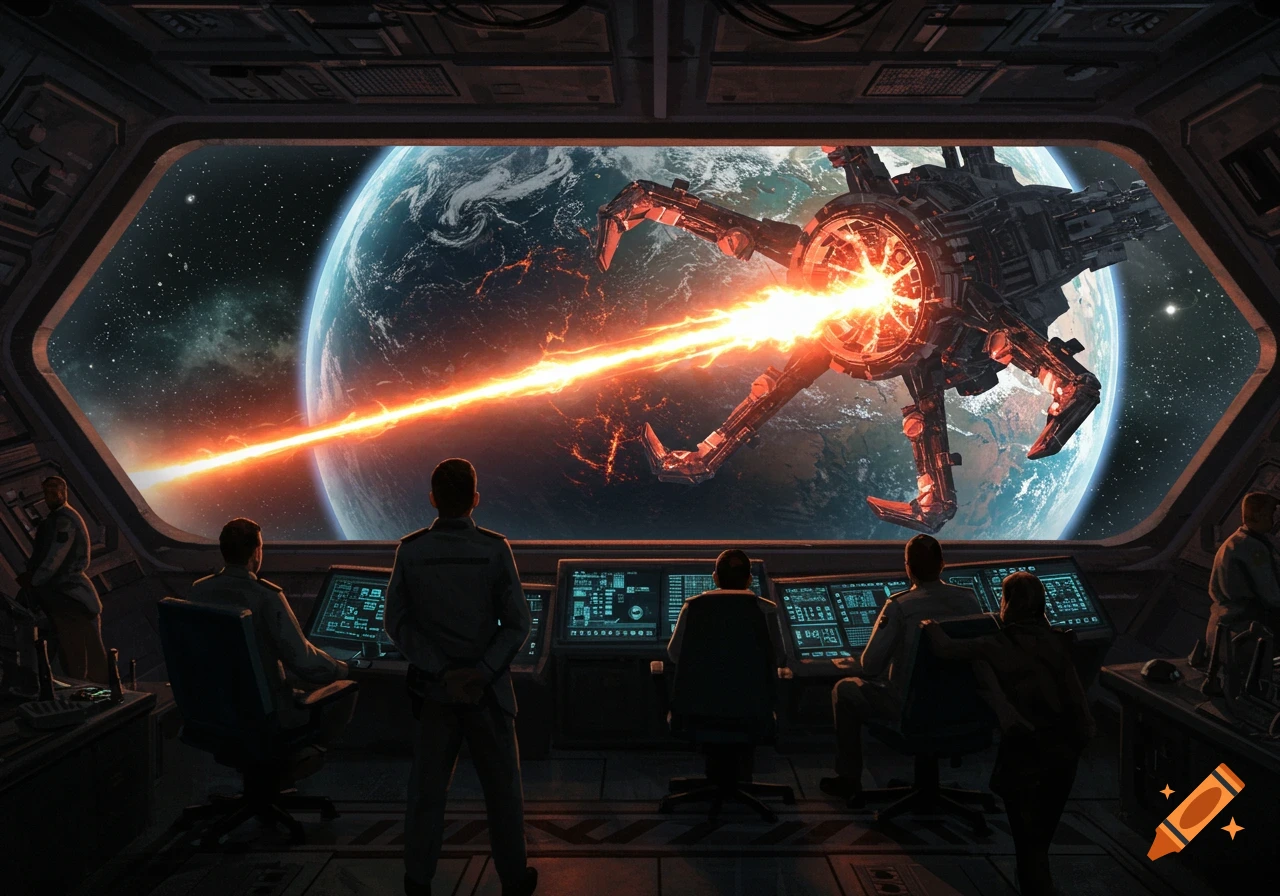 Digital art of people on a spaceship bridge watching a massive space weapon fire a laser at a planet.