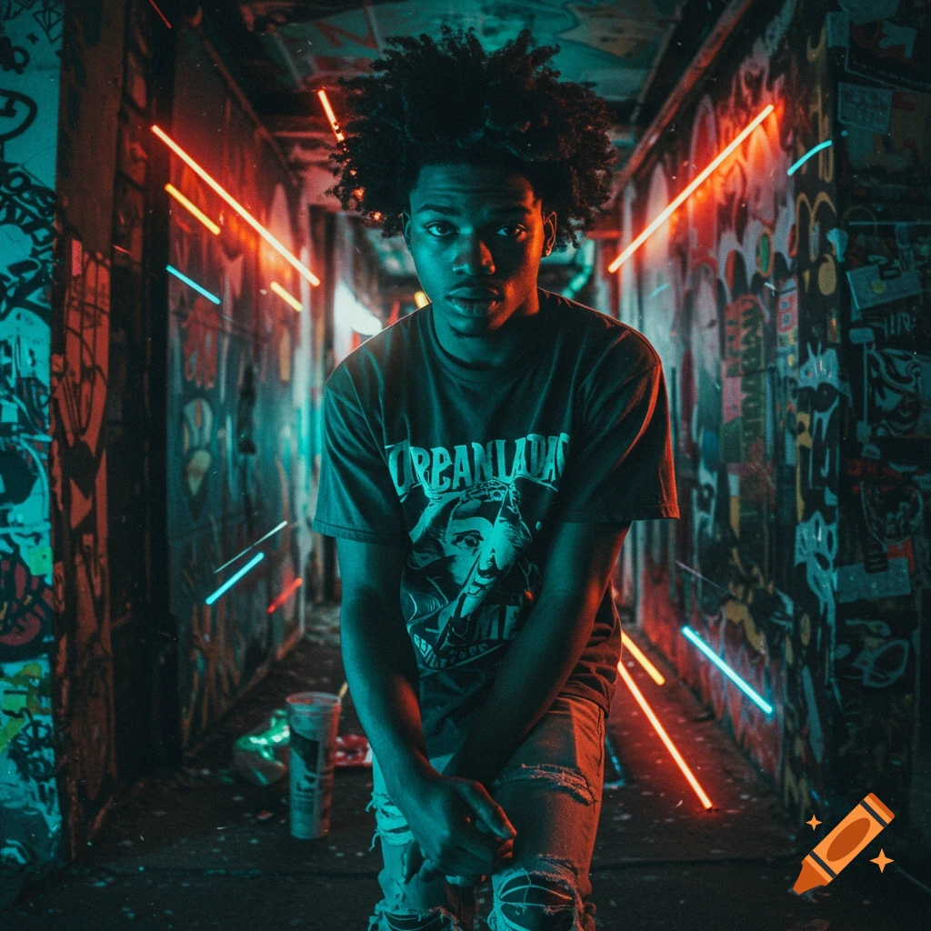 A young man stands in a graffiti hallway with neon lights, wearing a graphic t-shirt and ripped jeans.