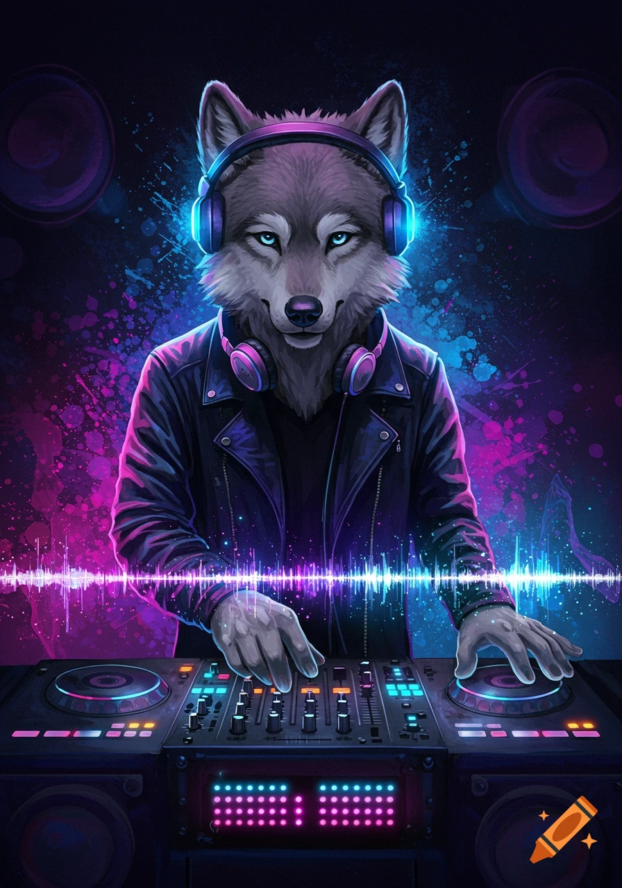 An anthropomorphic wolf wearing headphones and DJing on a mixer, with neon splatter background.