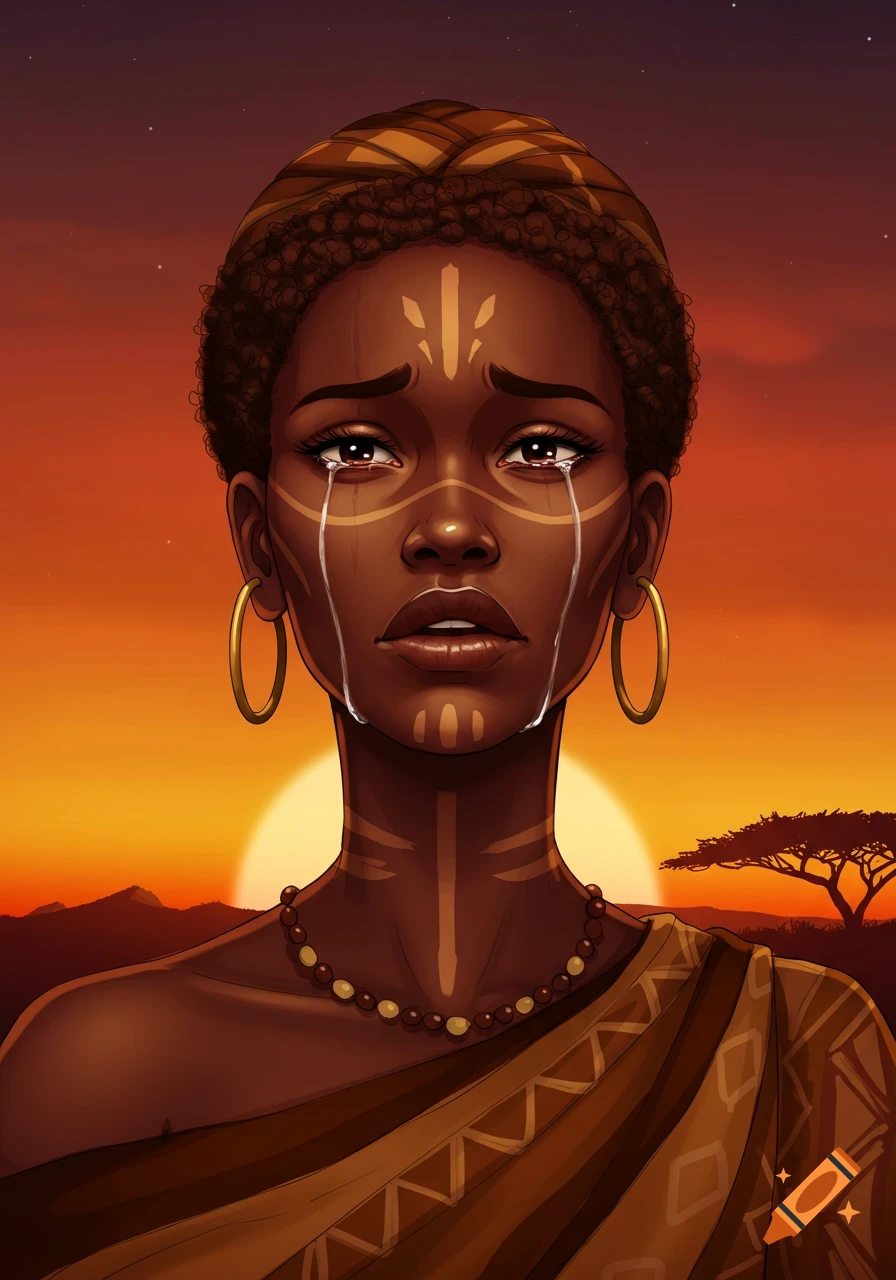 Painting of an African woman with face paint crying in front of a sunset.