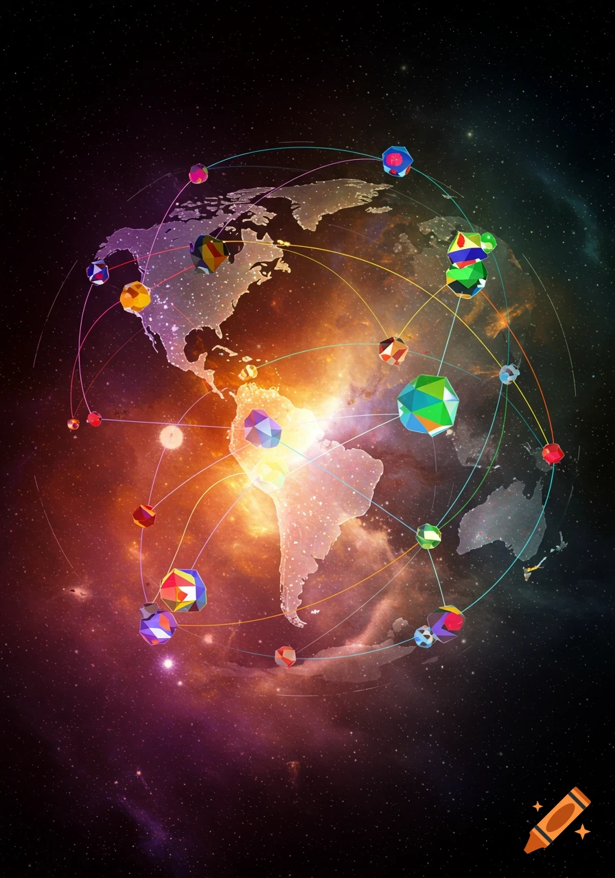 Stylized view of Earth from space with glowing continents and interconnected colorful geometric shapes.