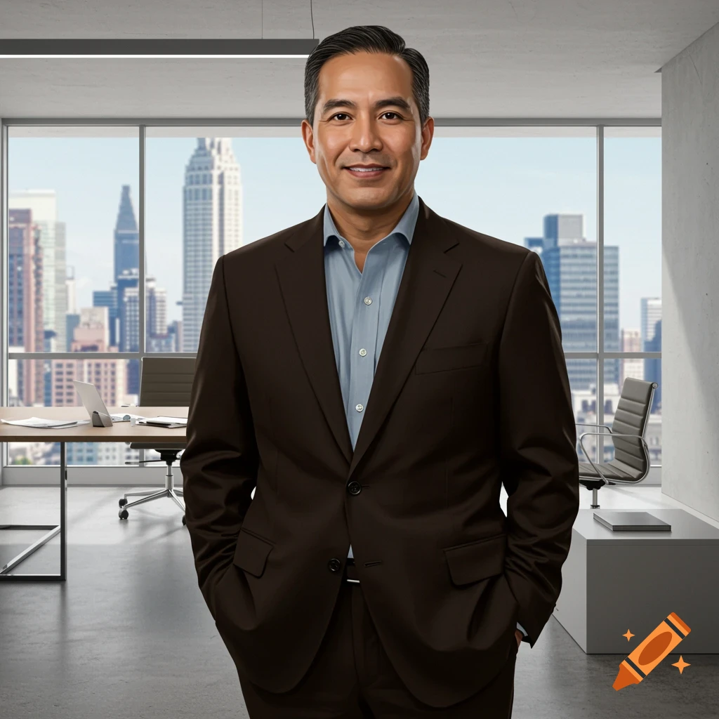Middle-aged Hispanic man in a suit standing in an office with a city view.