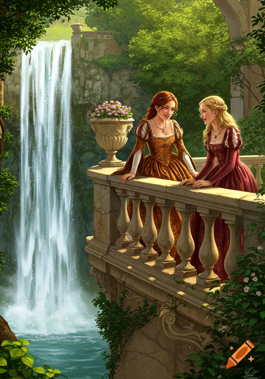 Two noblewomen on a palace balcony overlooking a waterfall.
