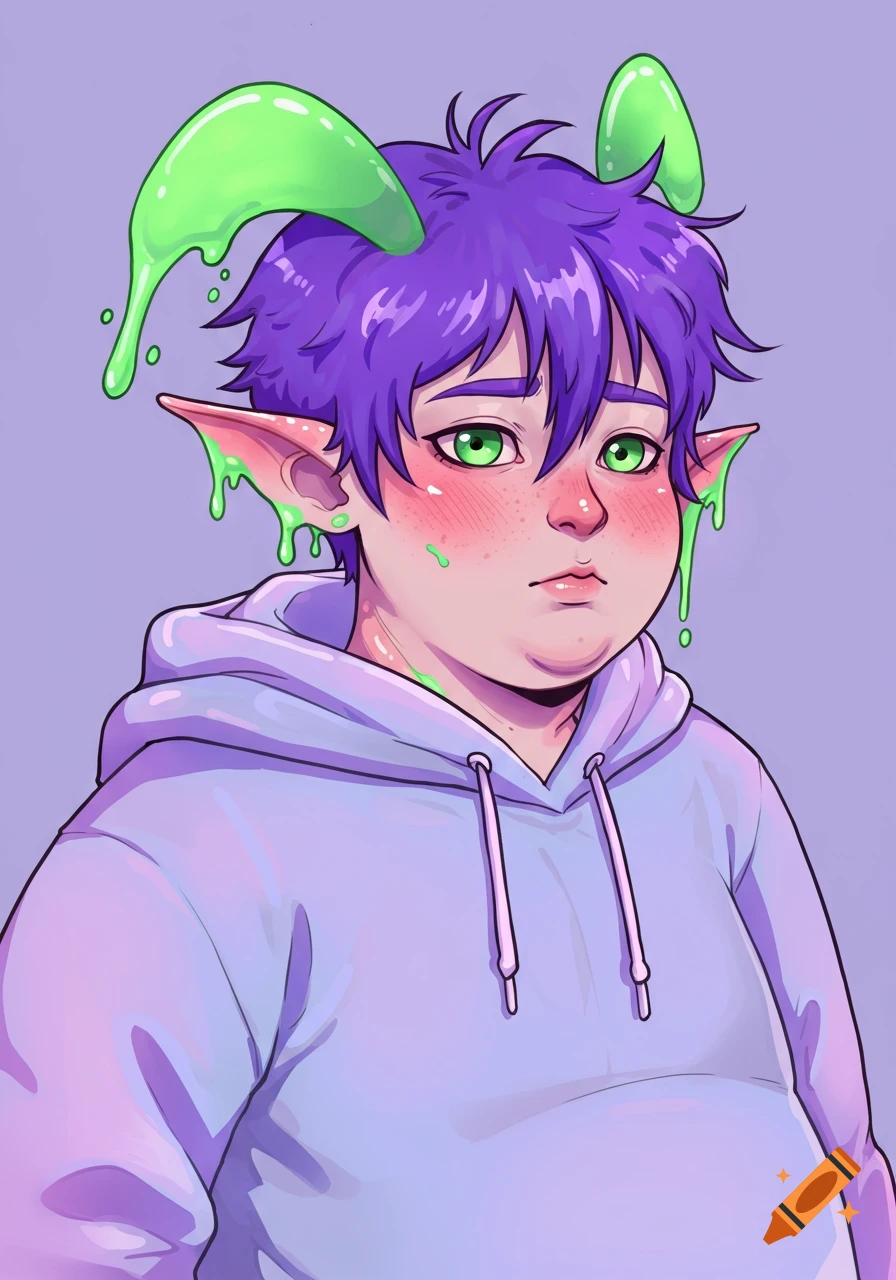 Stylized anime portrait of a person with purple hair, green slime, and elf ears.
