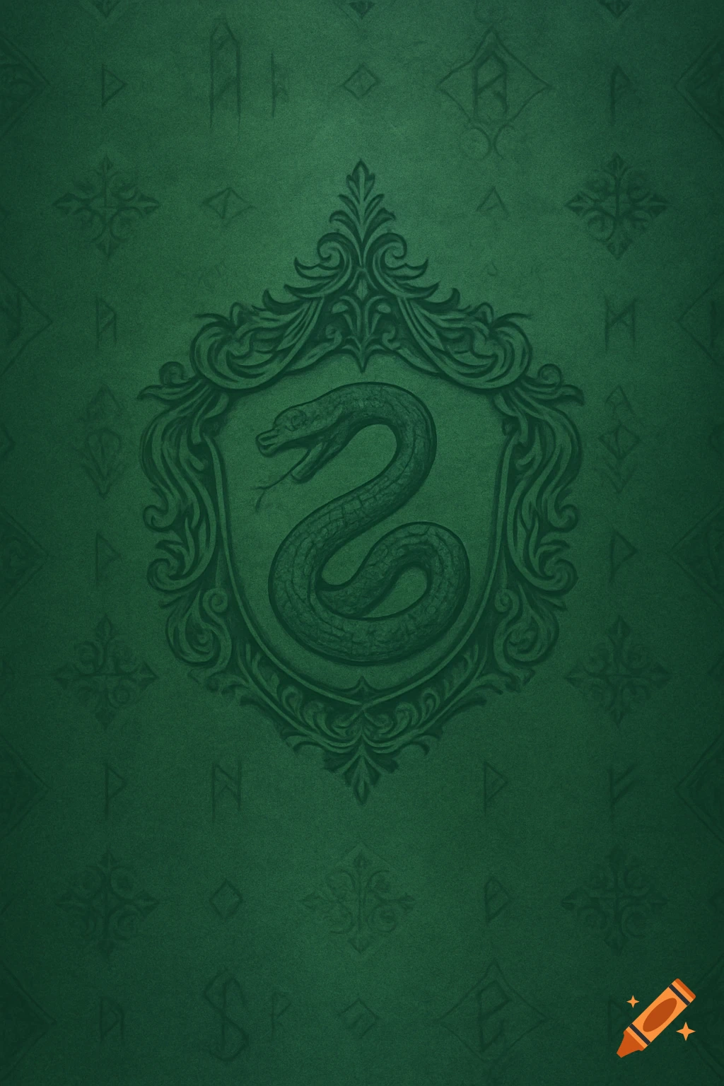 Stylized green snake crest on a textured green background with subtle runes.