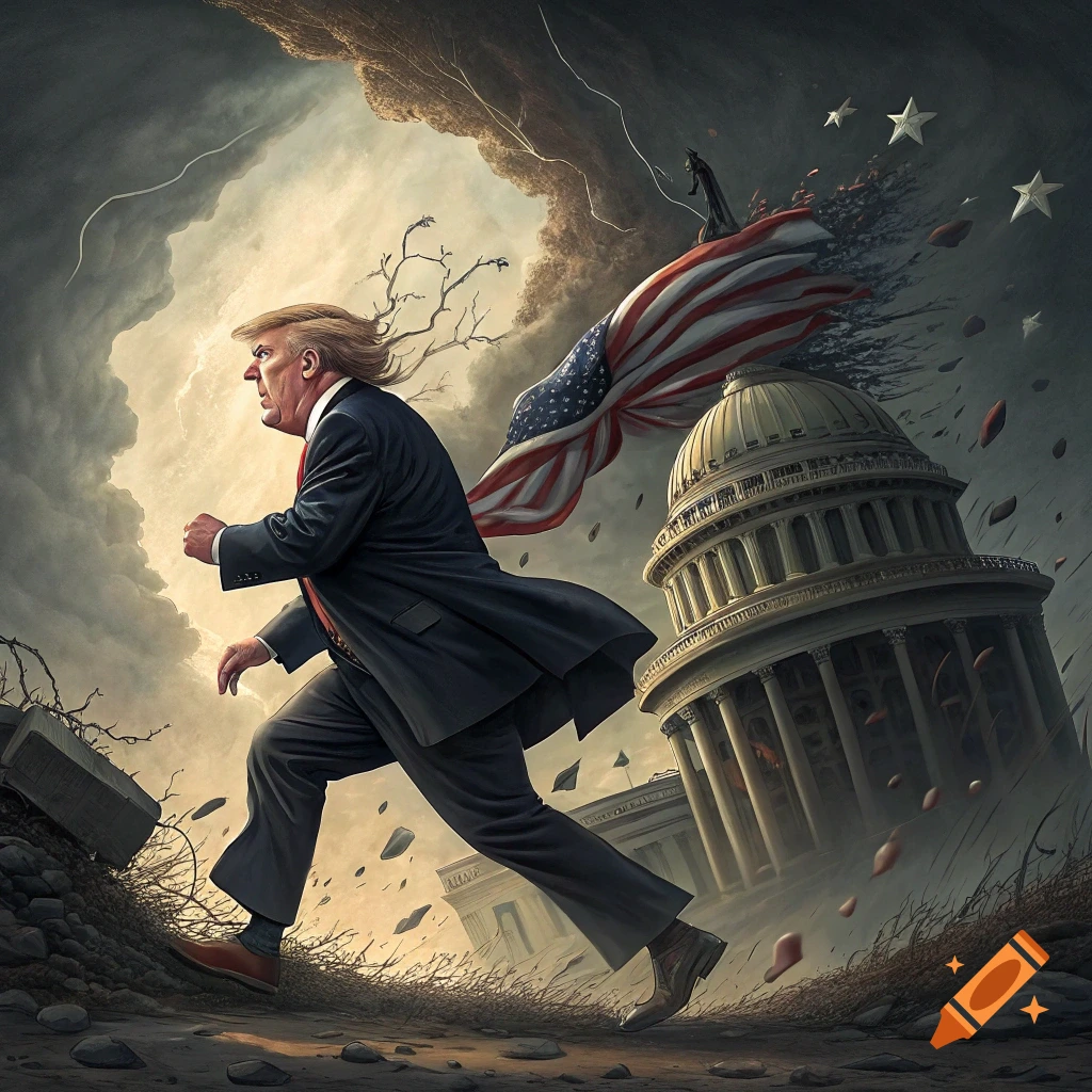 Illustration of a man resembling Donald Trump running from a crumbling Capitol building with a disintegrating US flag in a storm.