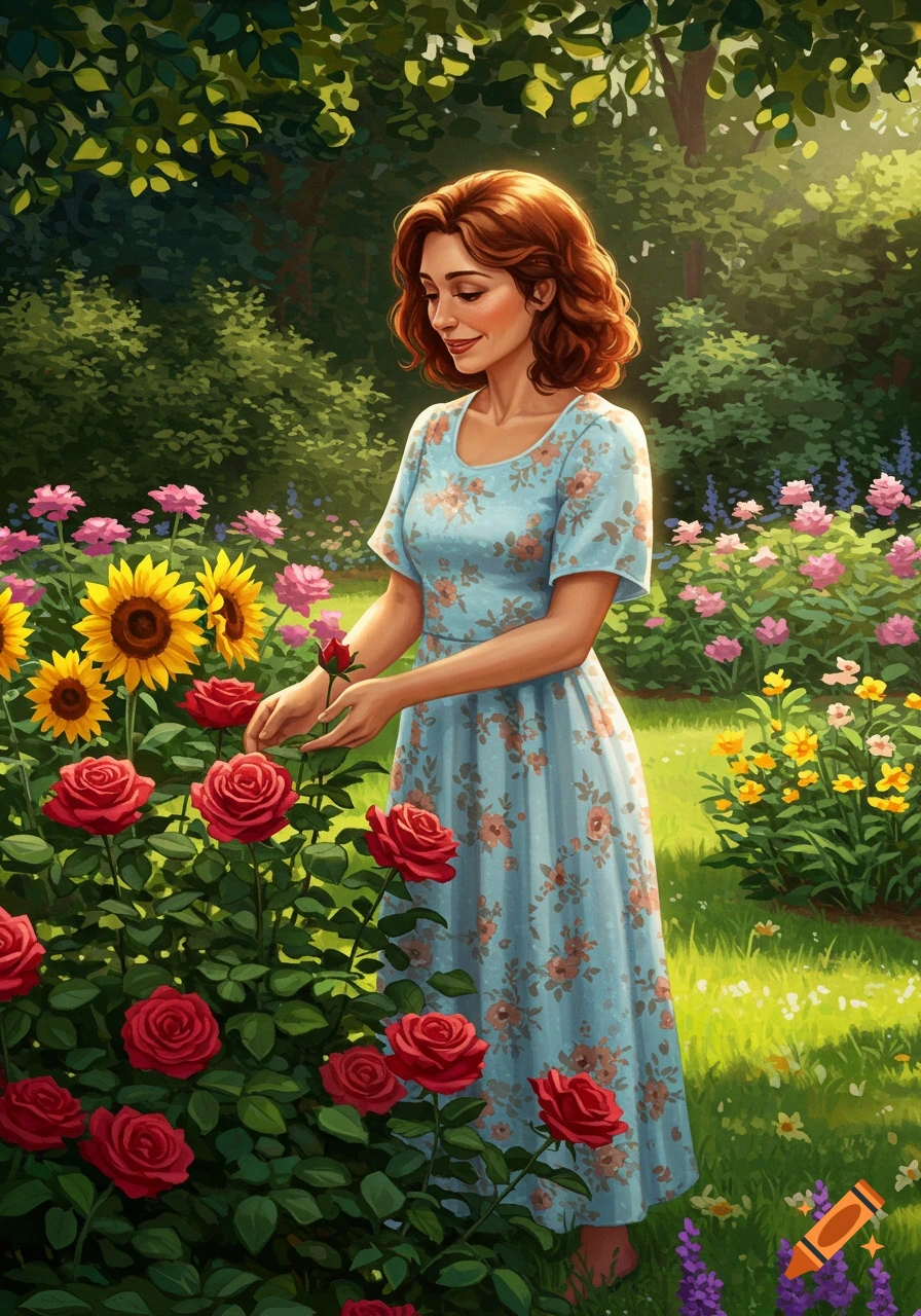 A woman tending roses in a sunny garden with sunflowers and other flowers.