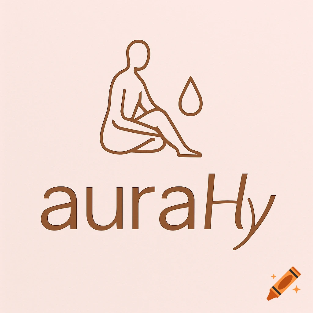 Minimalist logo with brown outline of a sitting figure and droplet above the text 'auraHy' on a pink background.