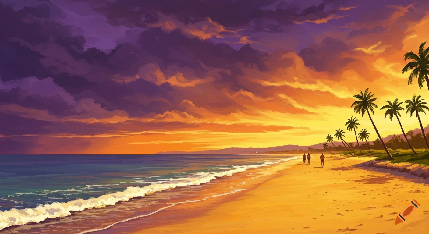 A beach at sunset with palm trees and two people walking.