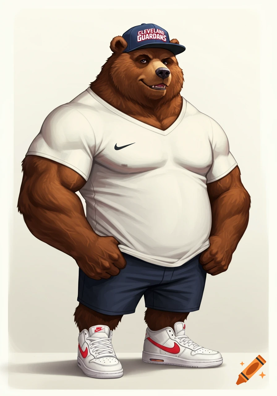 Illustration of a muscular brown bear wearing a Cleveland Guardians cap, white t-shirt, and Nike shoes.