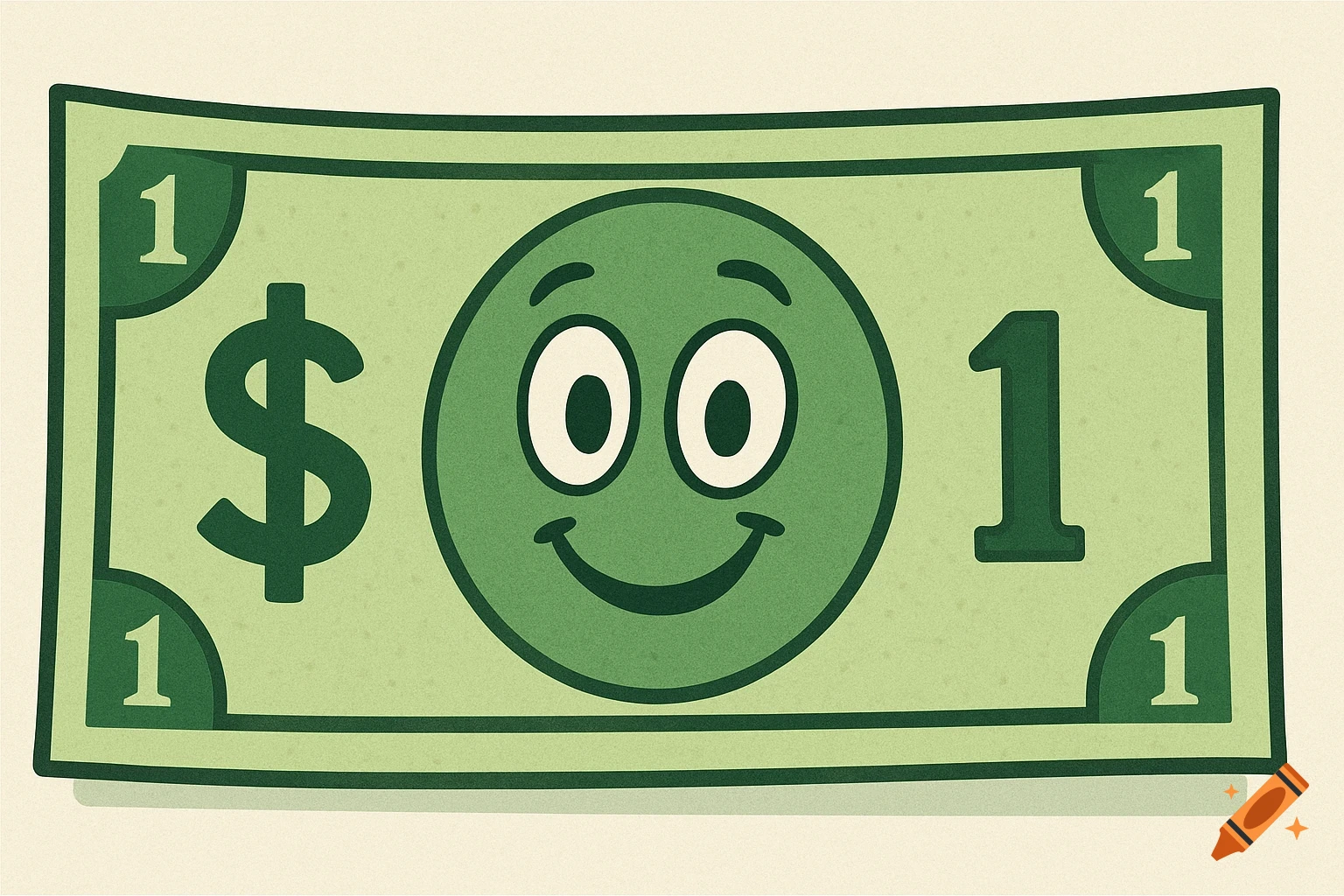A green cartoon dollar bill with a smiley face, dollar sign, and the number 1.