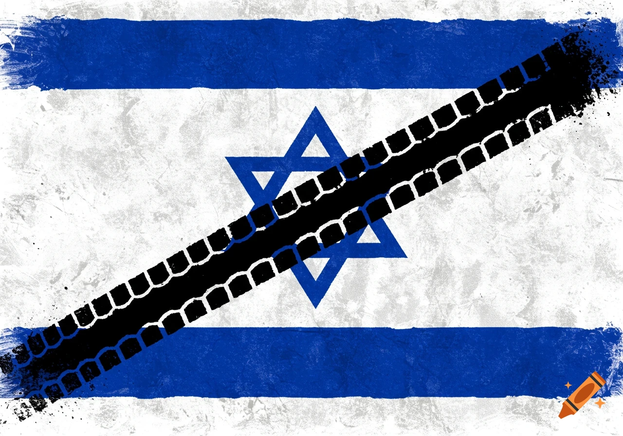 Israeli flag with a black tire skid mark diagonally across it