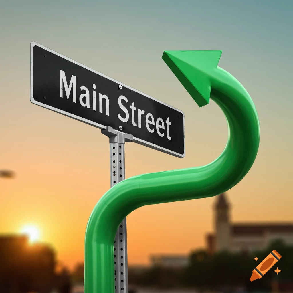 A street sign that reads 'Main Street' with a green arrow pointing right and bending towards the viewer against a sunset background.