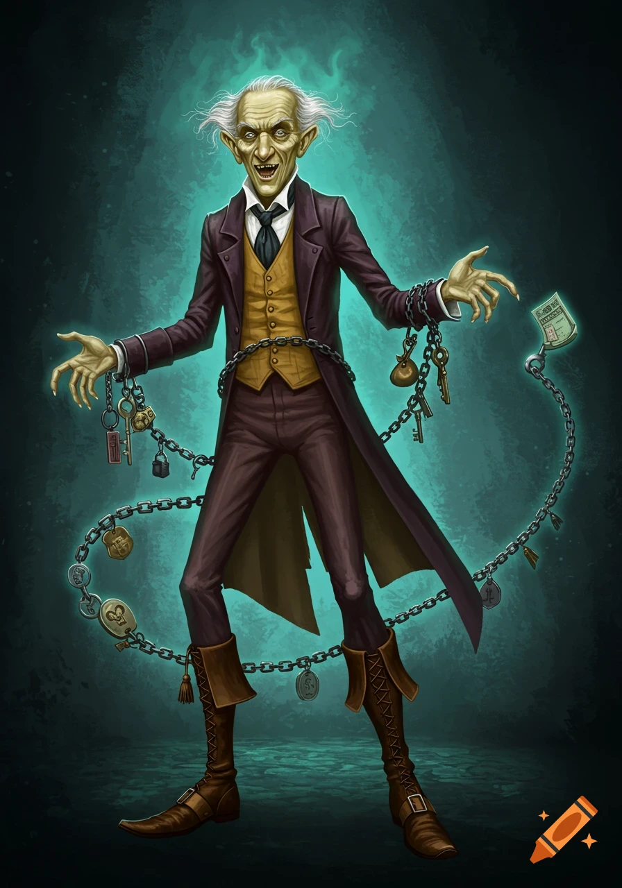 A gaunt, ghostly man in a suit and waistcoat wrapped in chains with keys, ledgers, and purses, against a teal background.