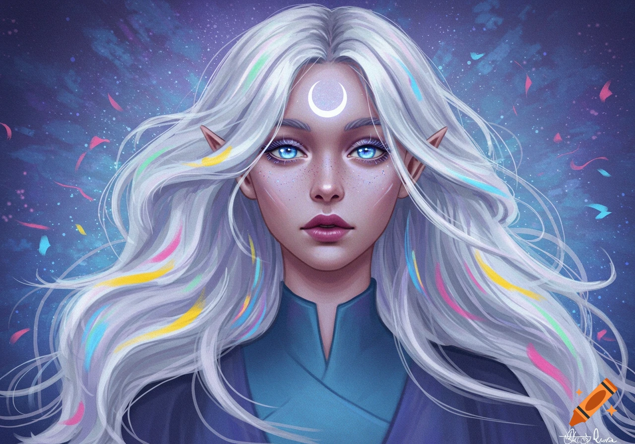 A fantasy portrait with silver hair, blue eyes, pointed ears, and a crescent moon symbol on her forehead, against a starry background.