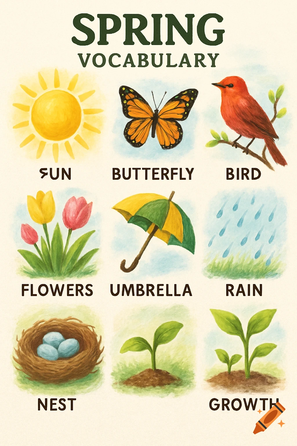 A spring vocabulary chart with illustrations and text labels.