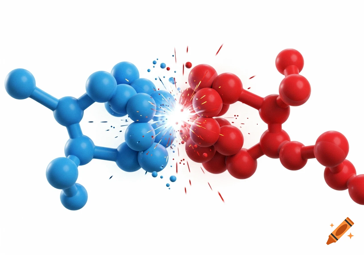 Two blue and red molecular structures collide with sparks on a white background.