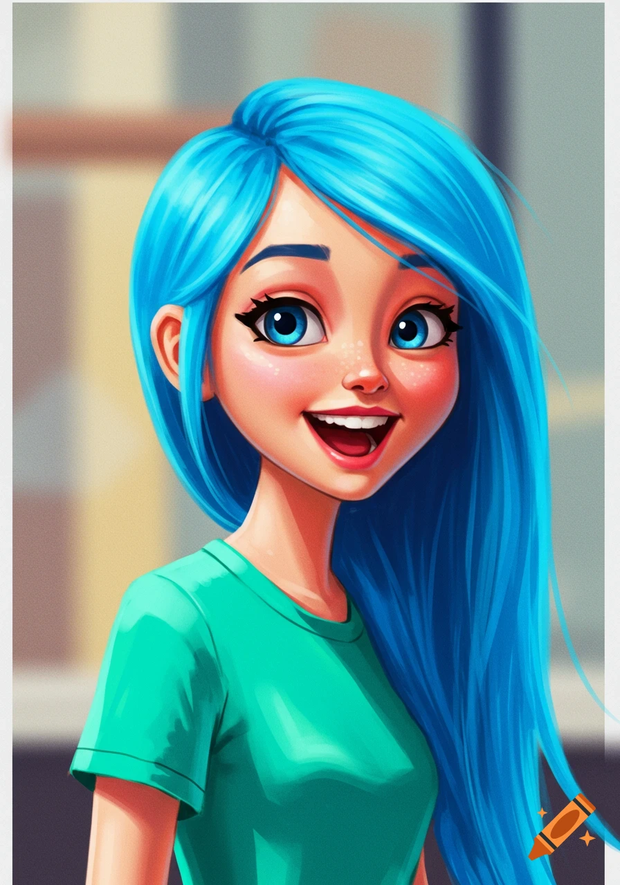 Smiling cartoon girl with bright blue hair and a green shirt.