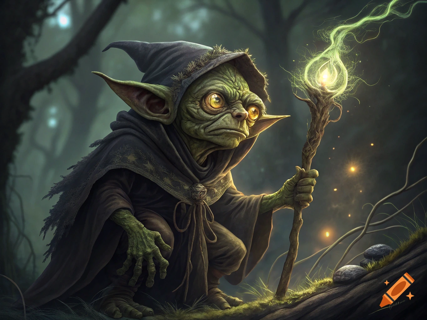 A crouching green fantasy creature with large eyes and a hooded robe holds a glowing staff in a dark forest.