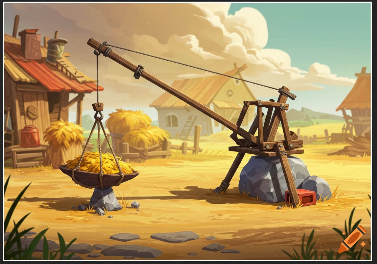 A rural scene featuring a wooden crane lifting hay bales near farm buildings.