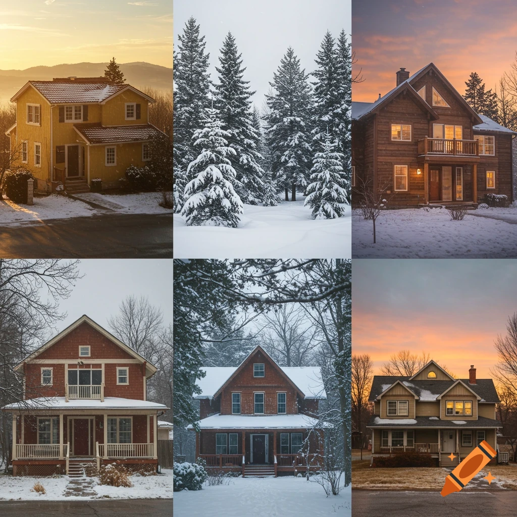 A grid of six images showing houses in various winter settings with snow and different lighting.