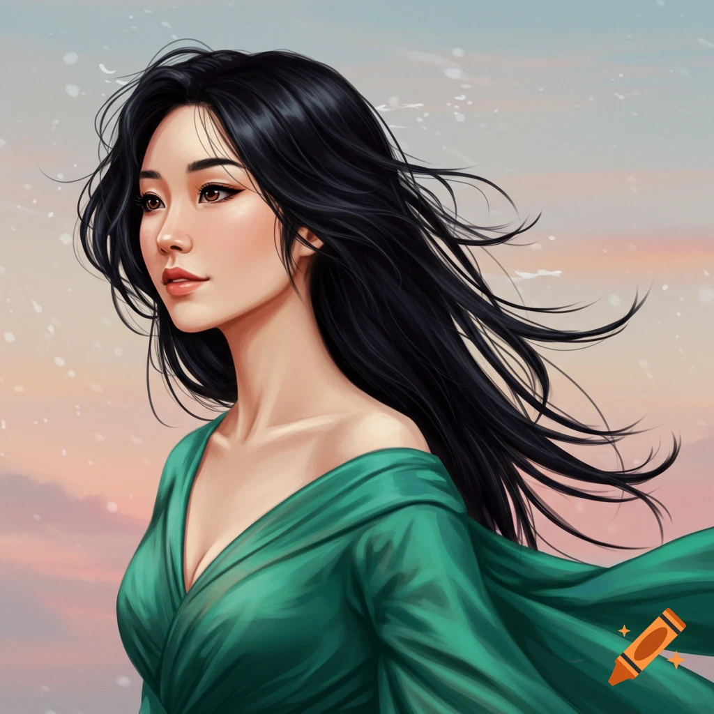 A woman with long black hair in a green dress