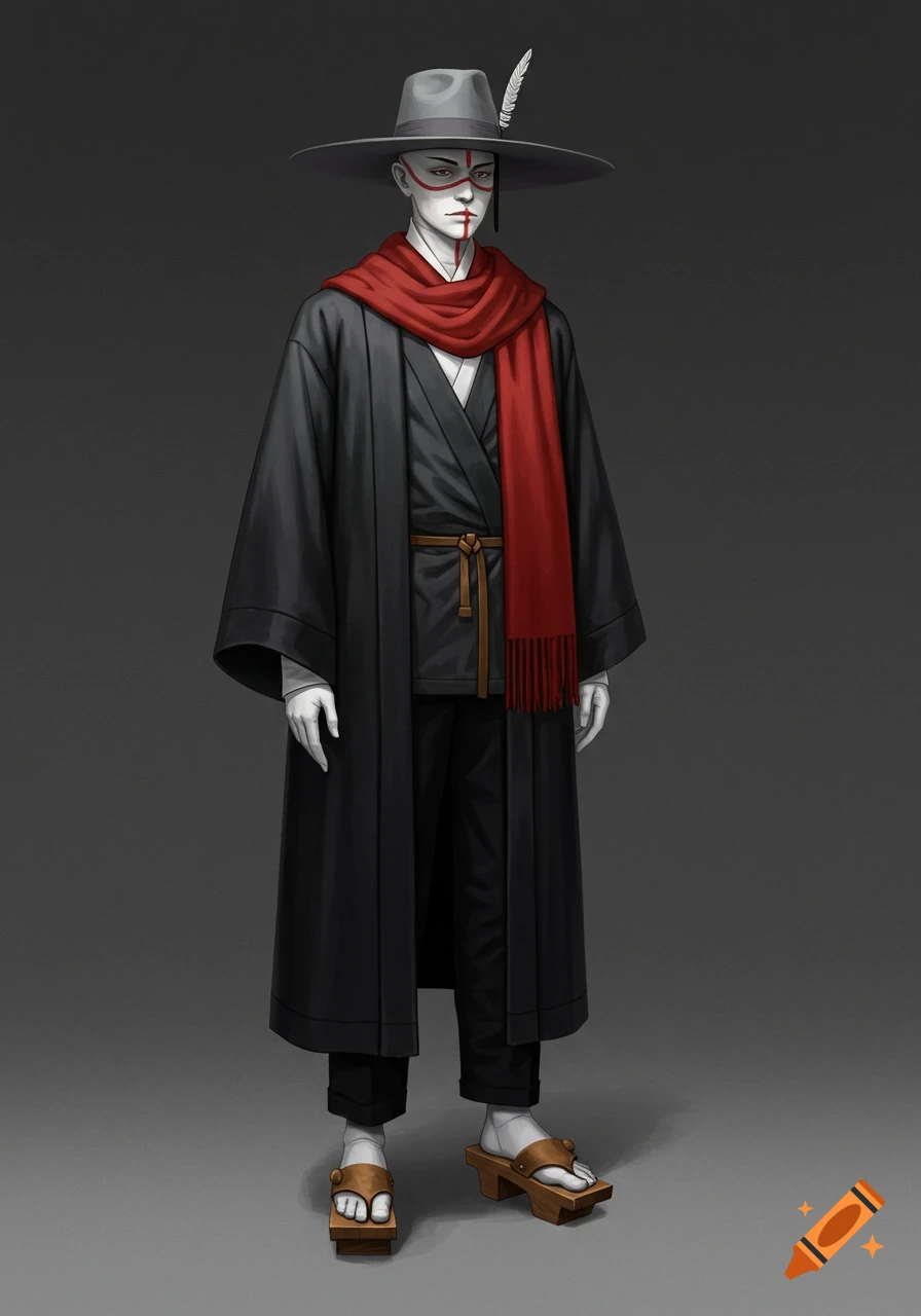 A character in a dark robe, red scarf, wide-brimmed hat, face paint, and wooden sandals.