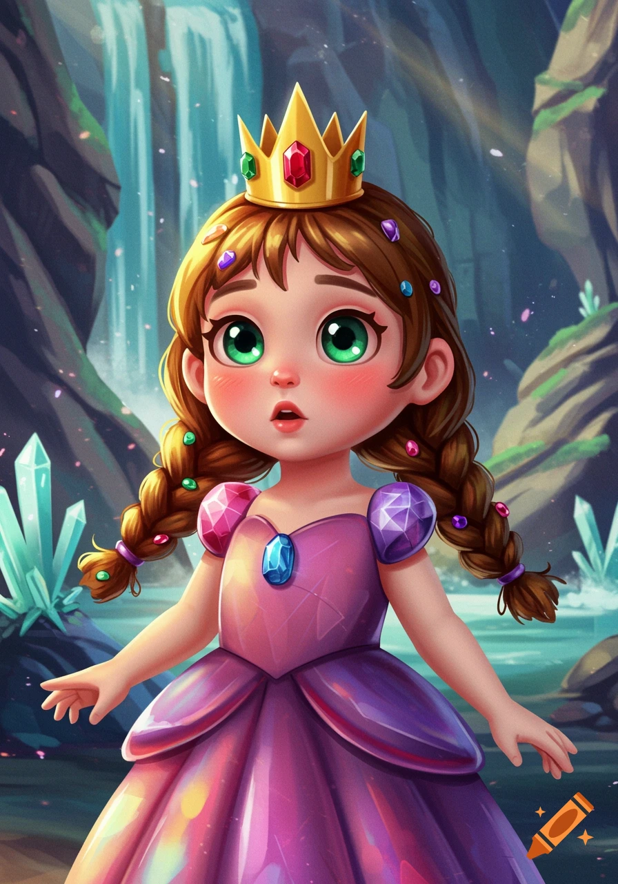 A little princess with pigtails and gems in her hair wears a pink and purple gemstone dress and golden crown in a fantasy landscape with crystals and a waterfall.