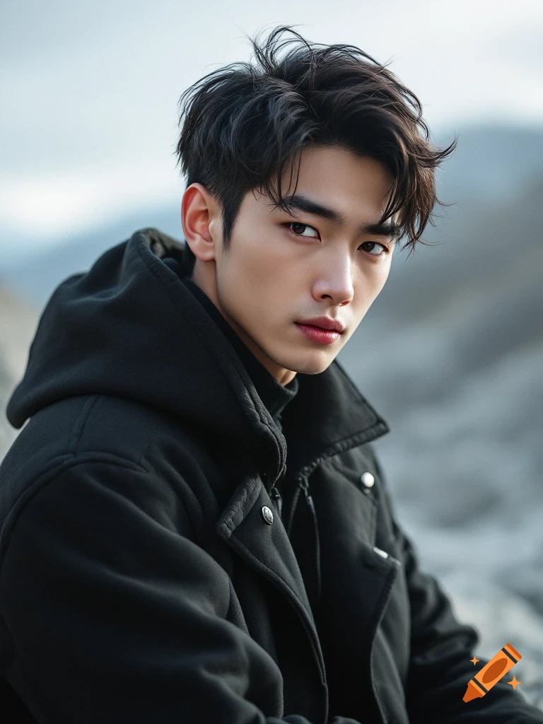 Photorealistic portrait of a young man in a black hooded jacket outdoors.