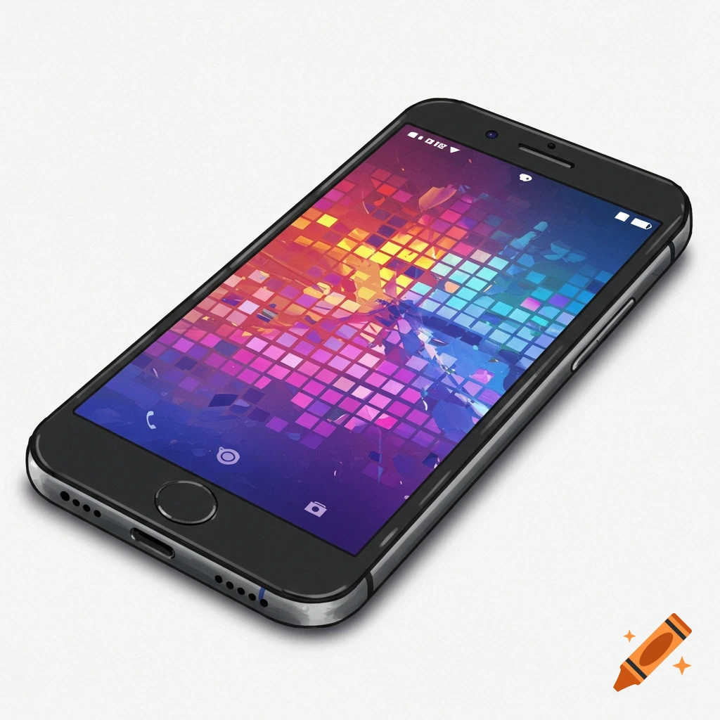 A smartphone displaying a vibrant, pixelated wallpaper.