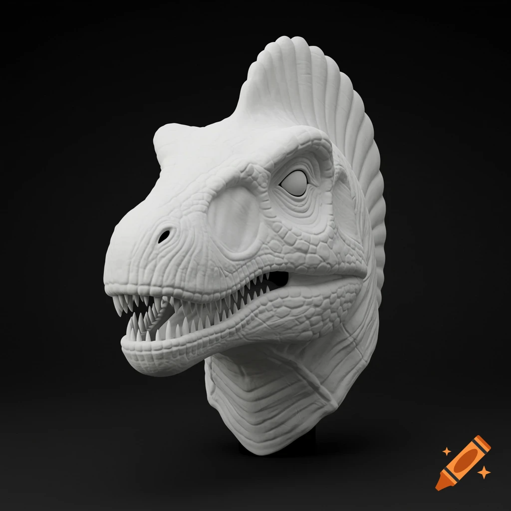 White 3D render of a Spinosaurus head mask against a dark background.