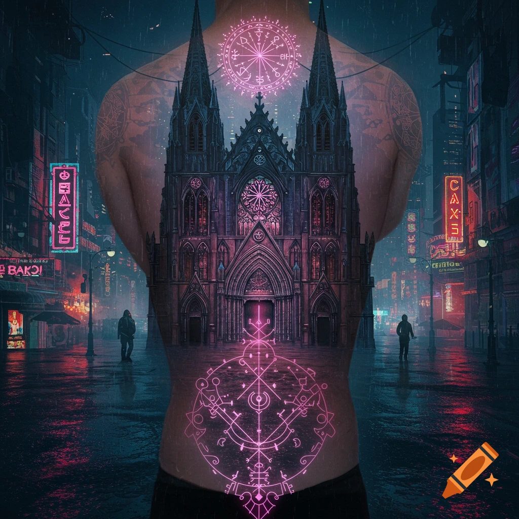 A person's back with a cathedral and cyber sigilism tattoo in a rainy cyberpunk city.
