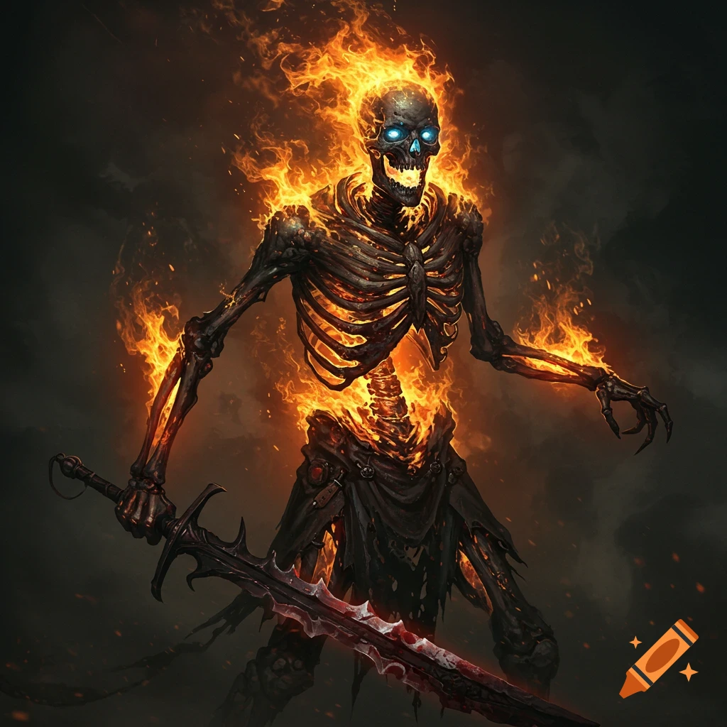 A flaming skeleton with glowing blue eyes holding a sword.