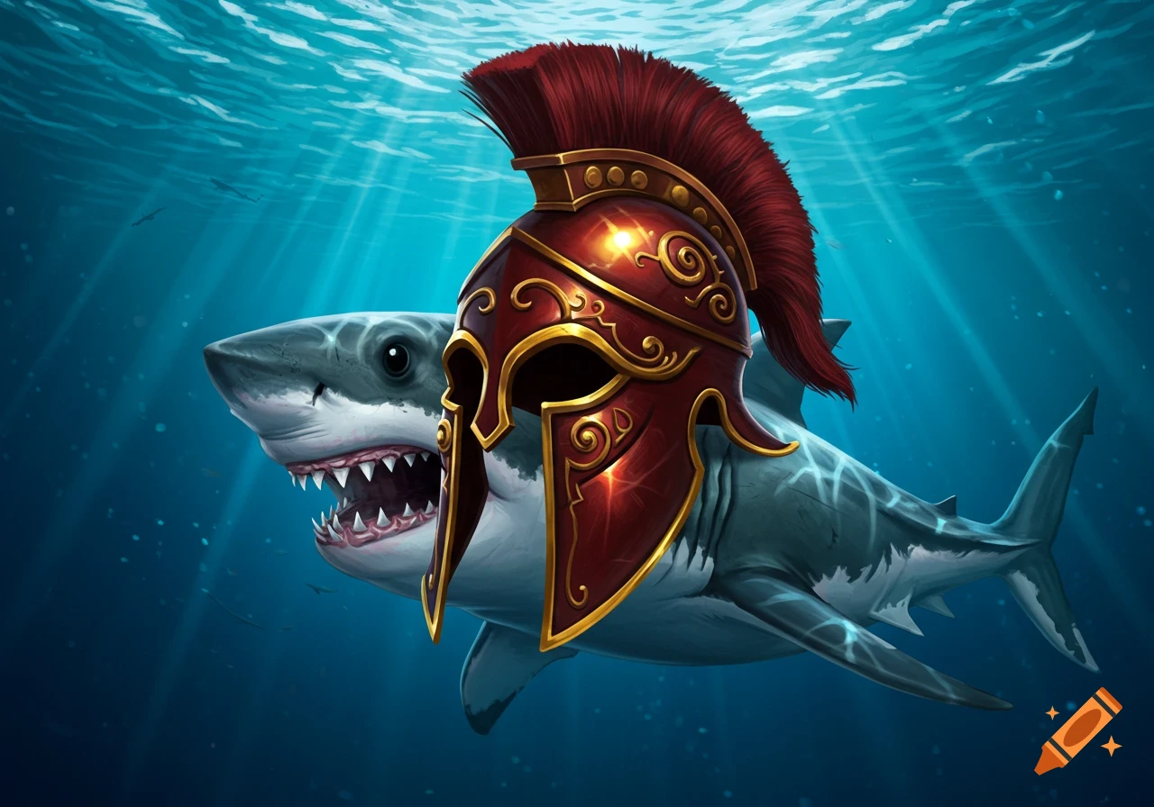 A shark wearing a Trojan helmet underwater