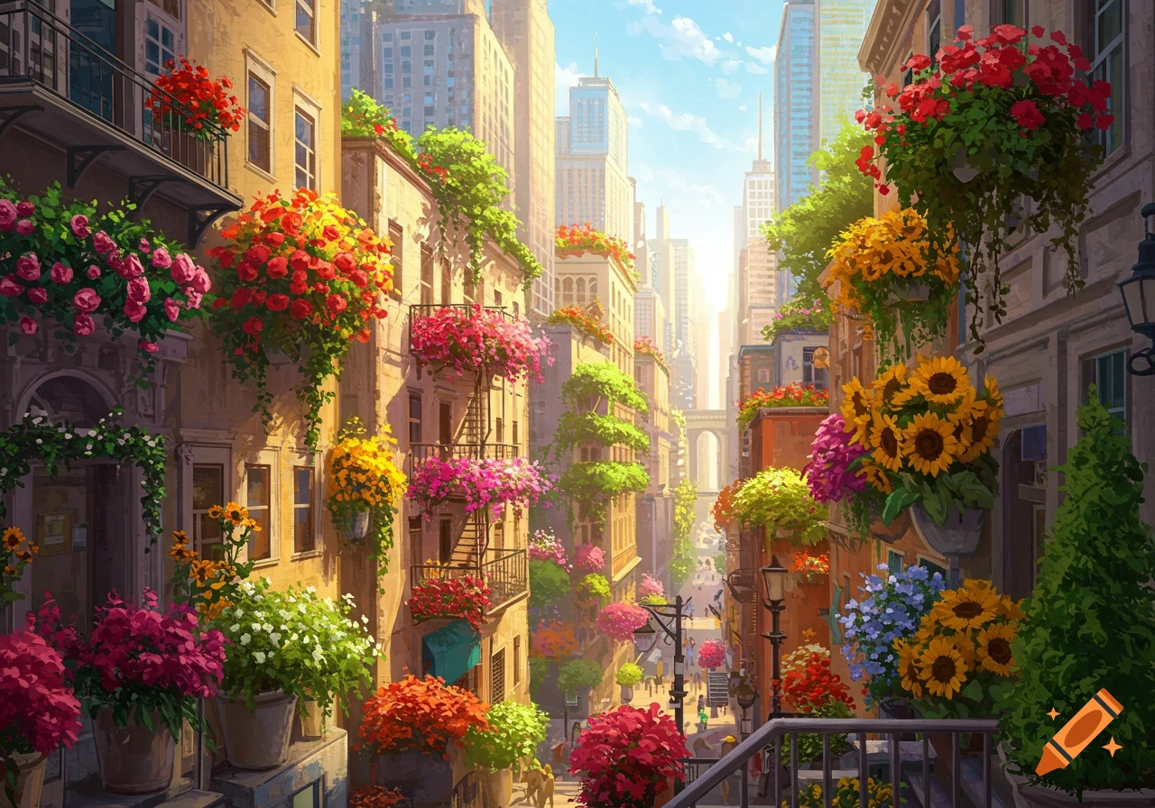 A city street with buildings adorned with colorful flowers.