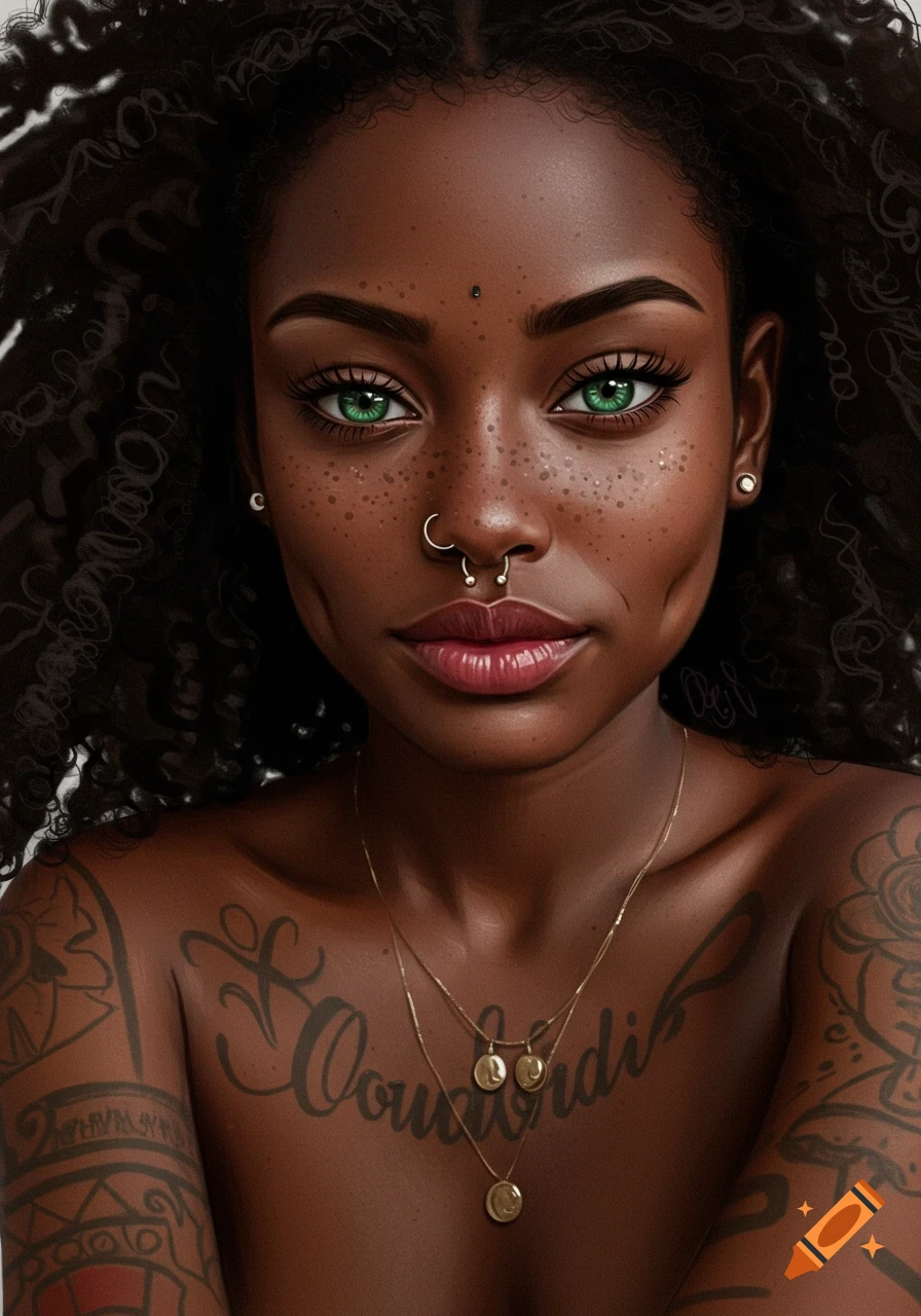 Person with dark skin, green eyes, freckles, piercings, and tattoos.