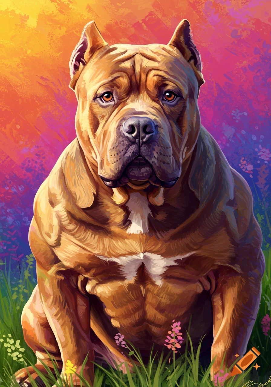 A muscular bully breed dog is sitting in tall grass with a vibrant orange and purple sky in the background.