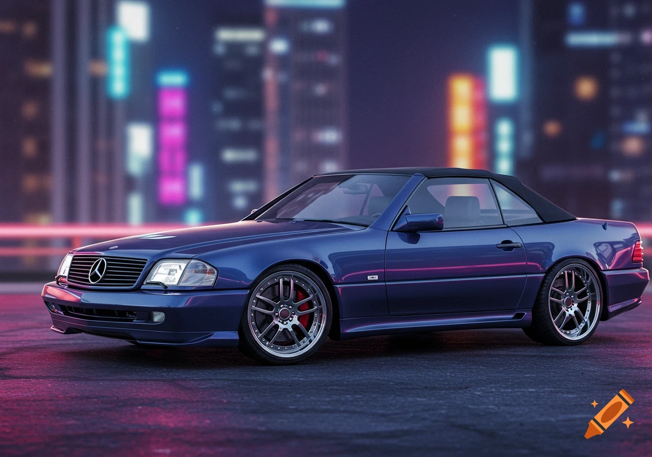 Blue Mercedes SL 500 convertible parked at night with a blurry neon city background