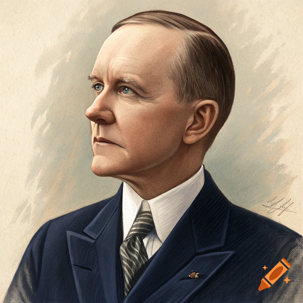 Illustration portrait of Calvin Coolidge in a suit looking left.