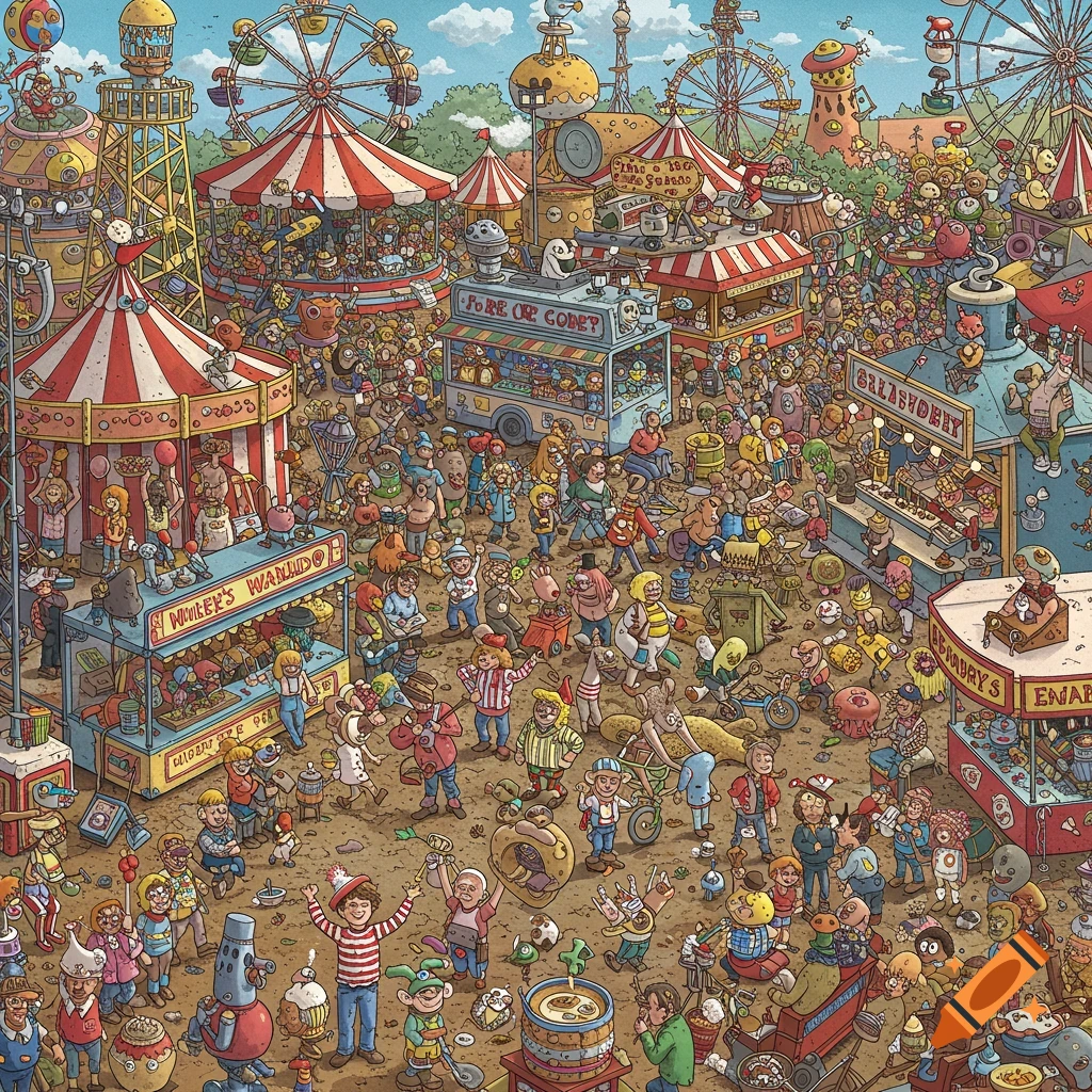 Detailed illustration of a crowded fairground scene with many people and stalls in a 'Where's Waldo' style.