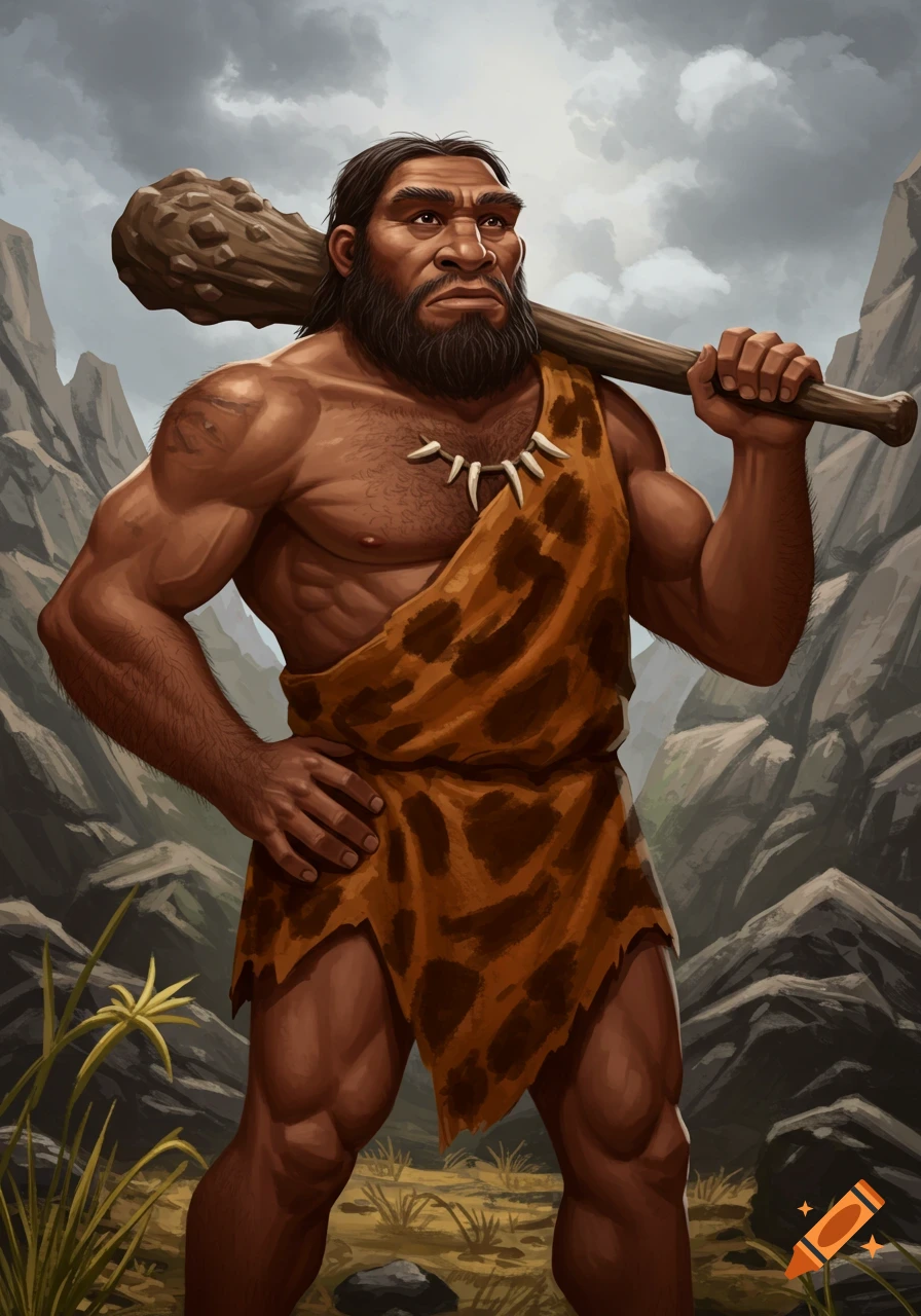 A muscular caveman in a loincloth holds a club in a rocky landscape.