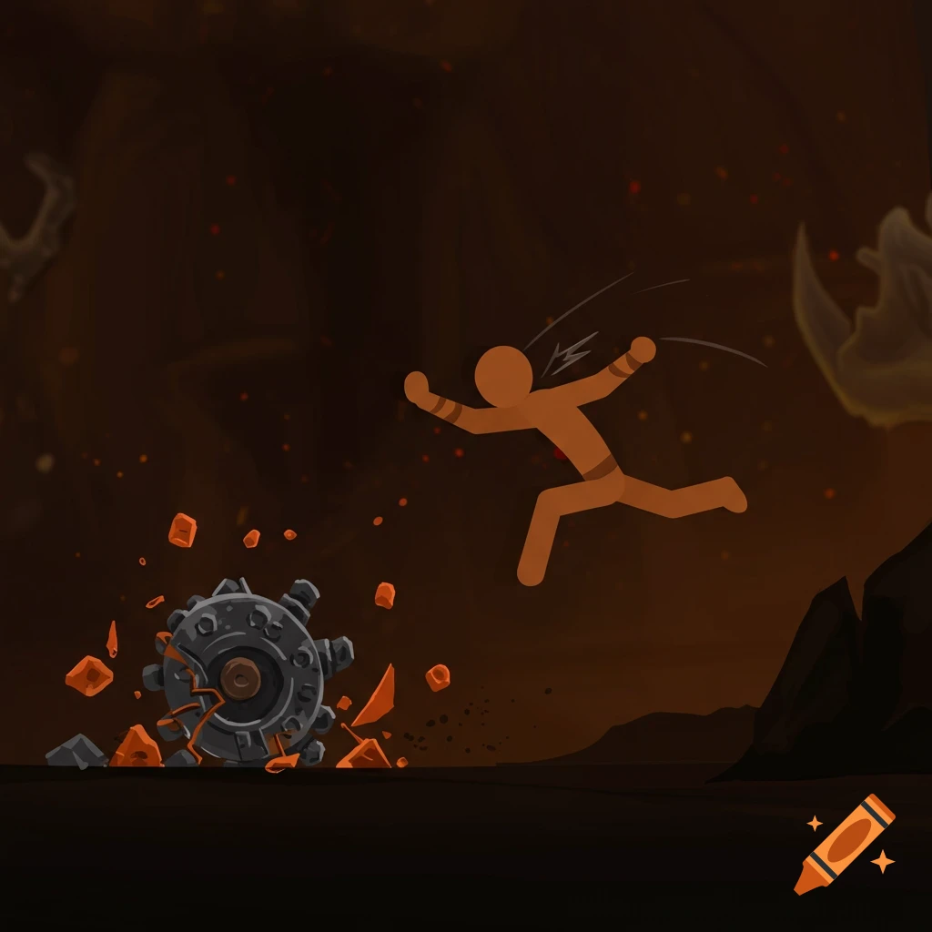 Stickman character jumps away from an exploding mine in a dark, rocky area.