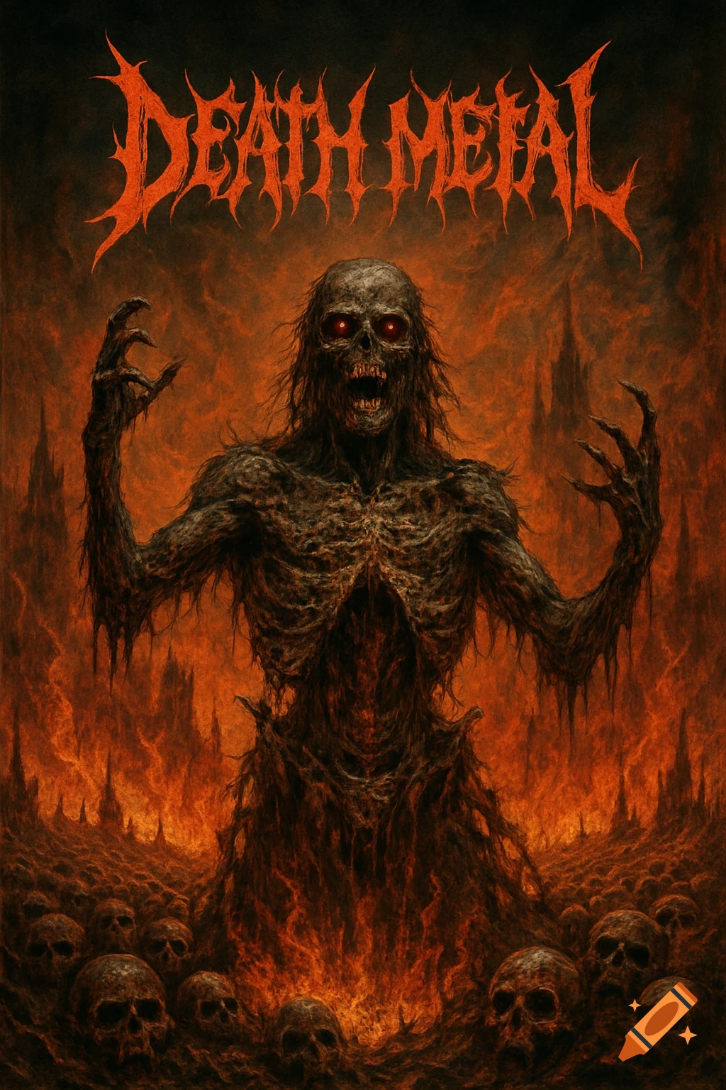 A skeletal figure stands among skulls in a fiery landscape, with the text 'DEATH METAL' above.