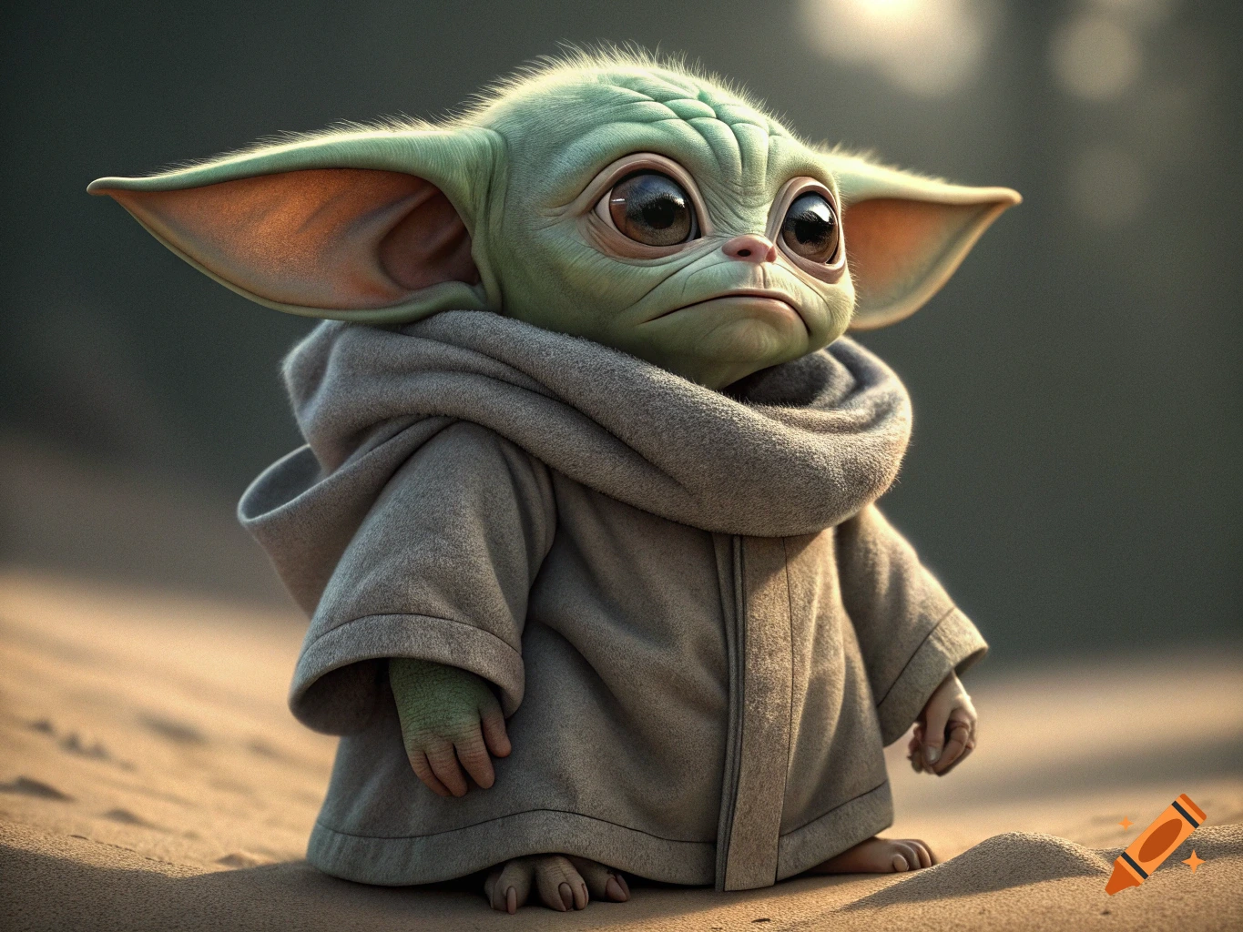 A cute creature resembling Grogu in a hooded robe stands on sand. Photorealistic style.