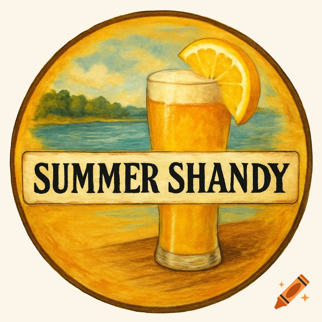 A circular Summer Shandy beer label with a glass of beer and orange slice.