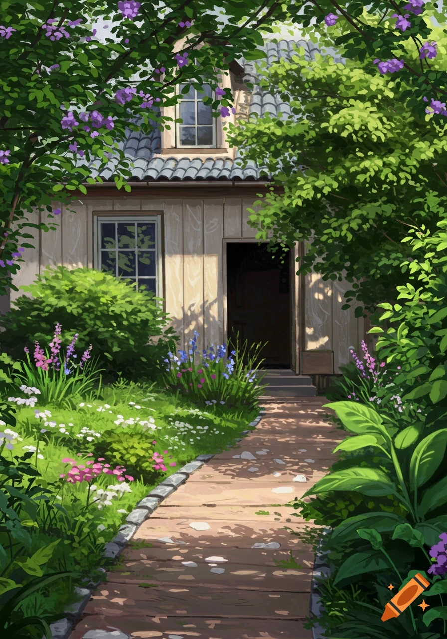 A garden path leads to a small house, surrounded by lush plants and colorful flowers.